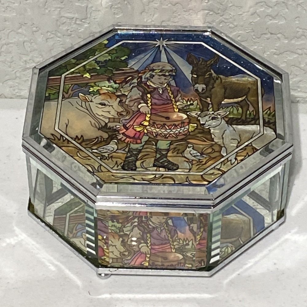 VTG AMIA Denver Hand Painted Stained Style Glass Mirror Trinket Box Drummer Boy